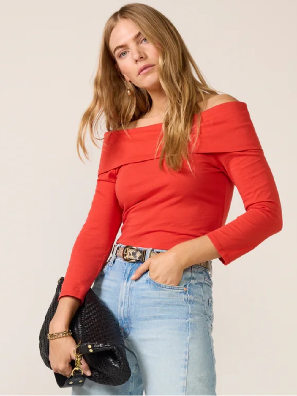 J. CREW, Off the Shoulder Top 3/4 Sleeve Cotton Blend Red, Size M, NWT